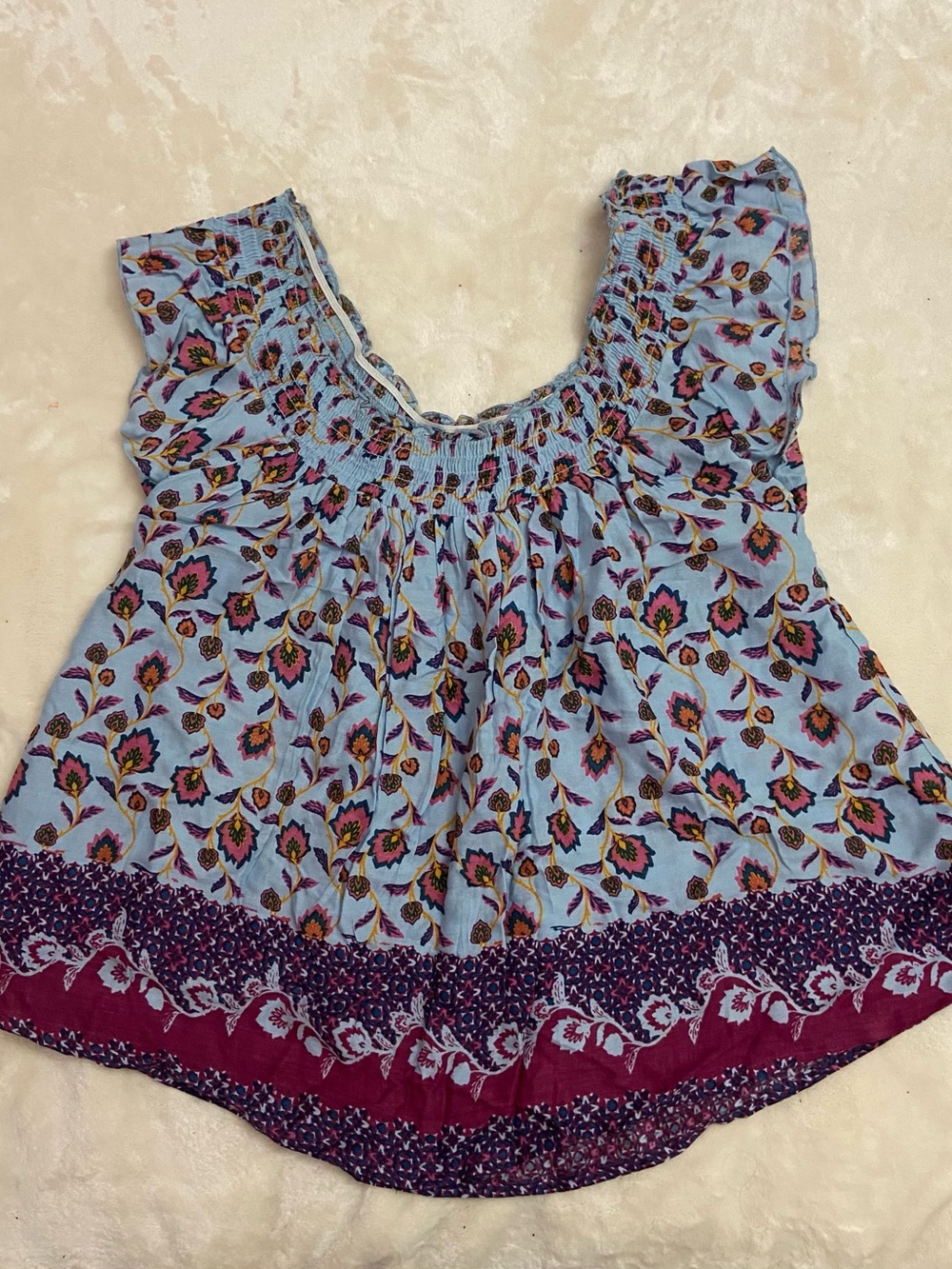 Love Derek boho smocked floral baby doll top blue magenta large